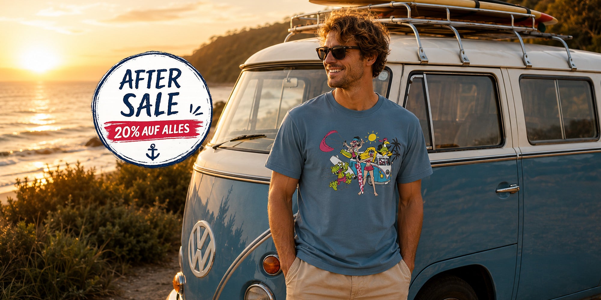 Mann mit T-Shirt "Van Goch" steht vor einem VW T1-Bus