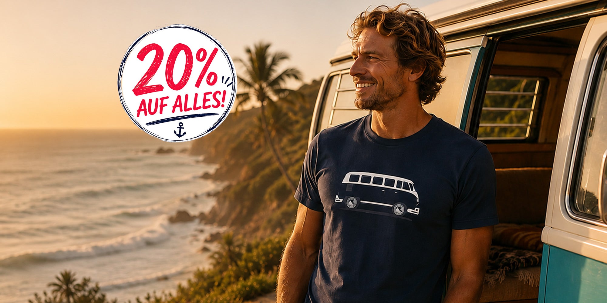Ein Mann trägt das T-Shirt BigT. Zusätzlich ist ein Störer mit 20% Rabatt zu sehen