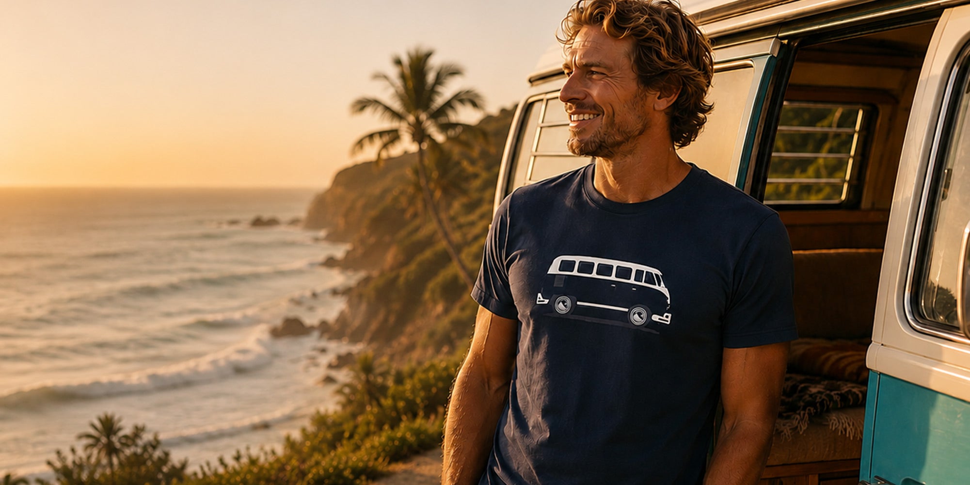 Ein Mann trägt da T-Shirt BigT in Blau. Er lehnt an seinem VW T1 und genießt den Sonnenuntergang